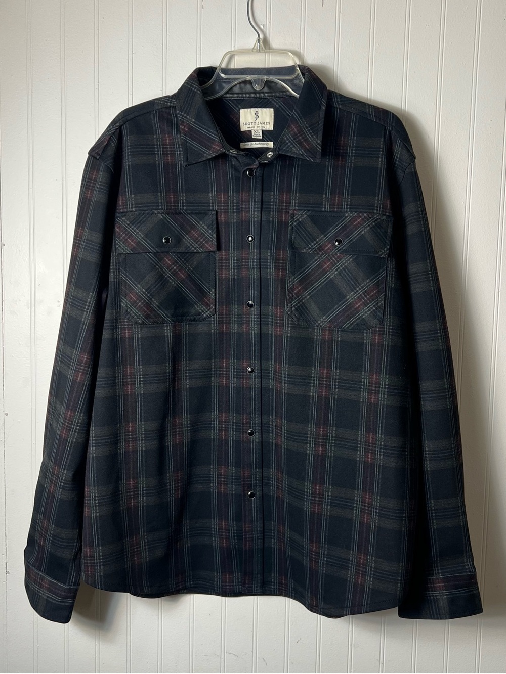 Scott James Mens XL Heavy Shirt Black Gray Plaid Pearl Snap Button Down